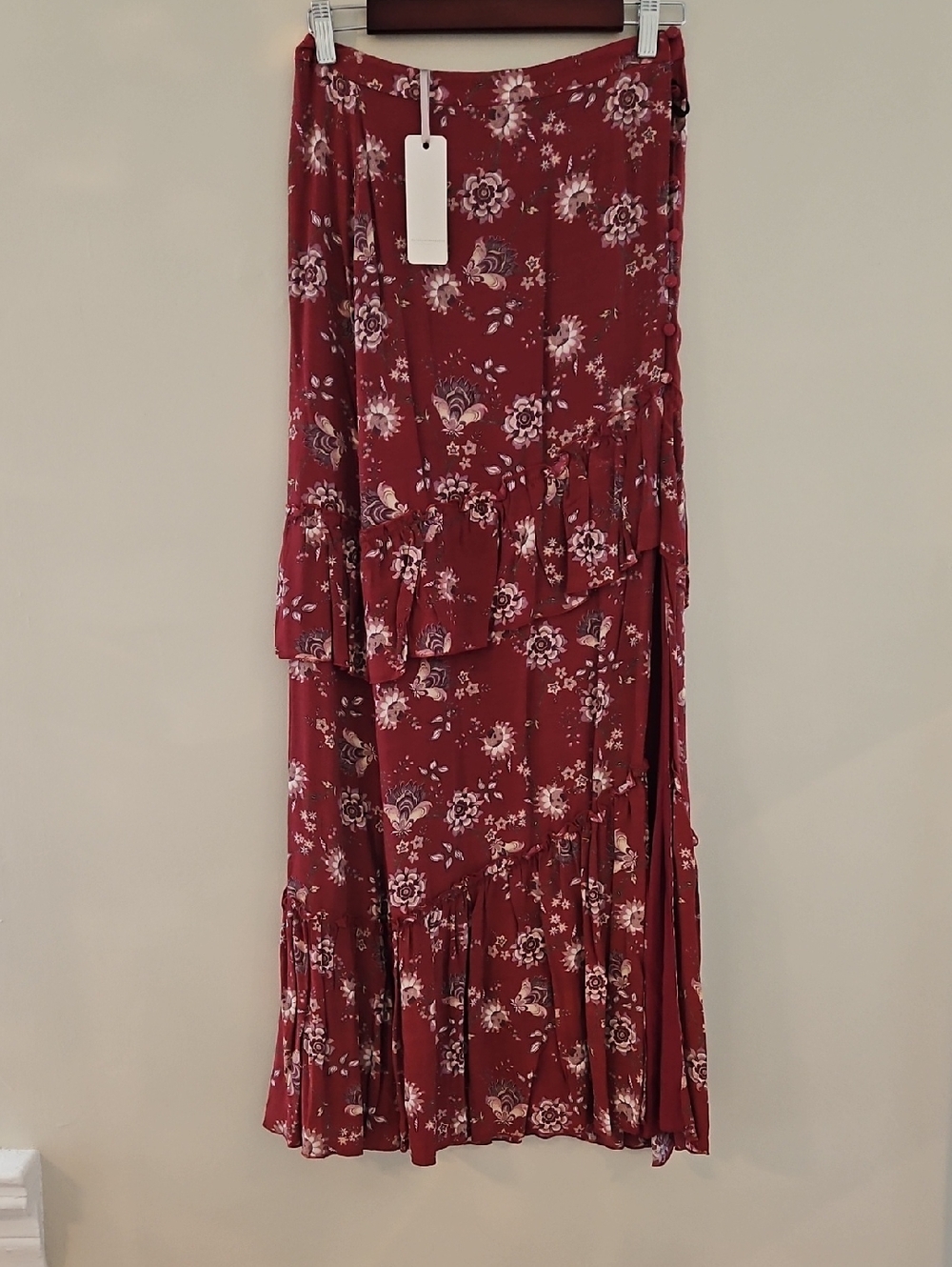 Ale Maxi Floral Tiered Skirt in Burgun dy Size S
